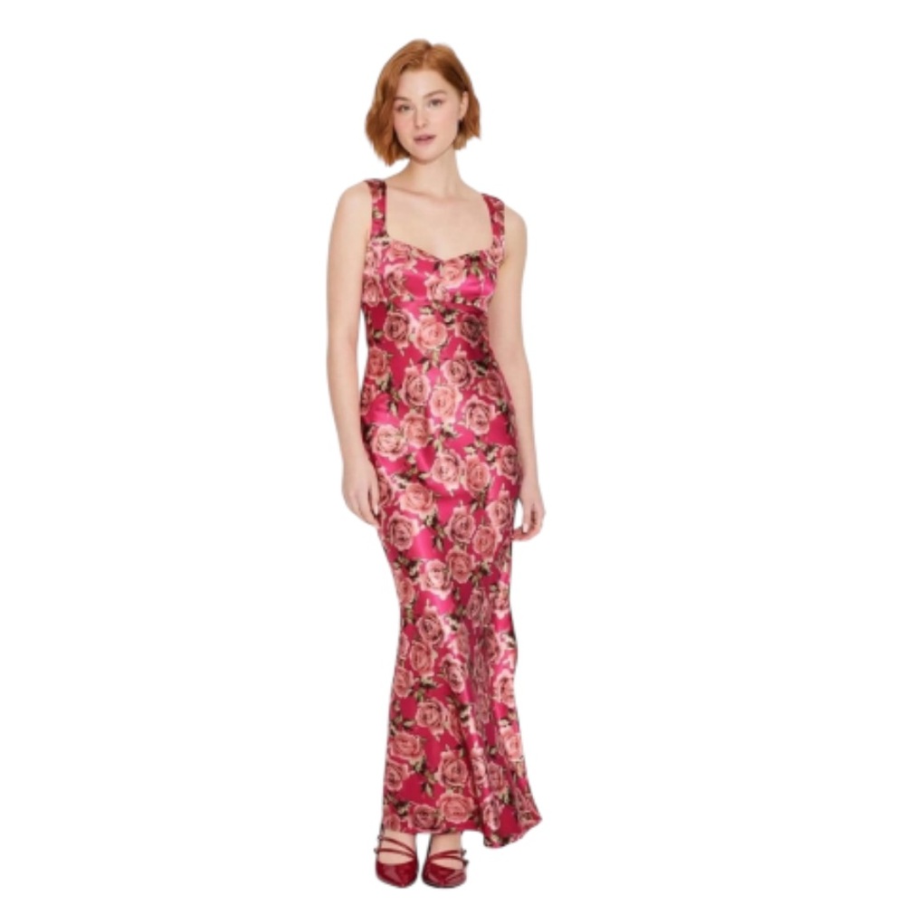 NEW! Wild Fable Satin Maxi Bodycon Dress Mini Cap Sleeves Red Floral Size Medium